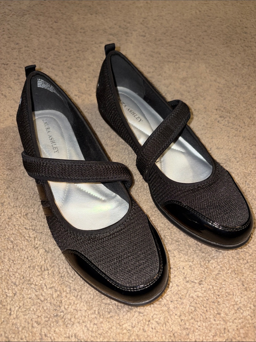 Laura Ashley Welford slip-on comfort Black Patent Leather Trim Fabric Mary-Jane